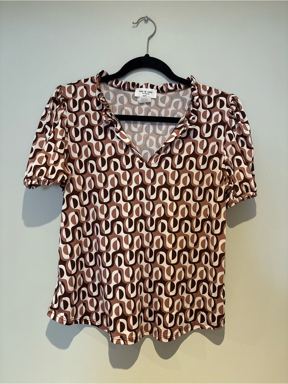 Kim & Cami Brown and Cream Geometric V-Neck Blouse